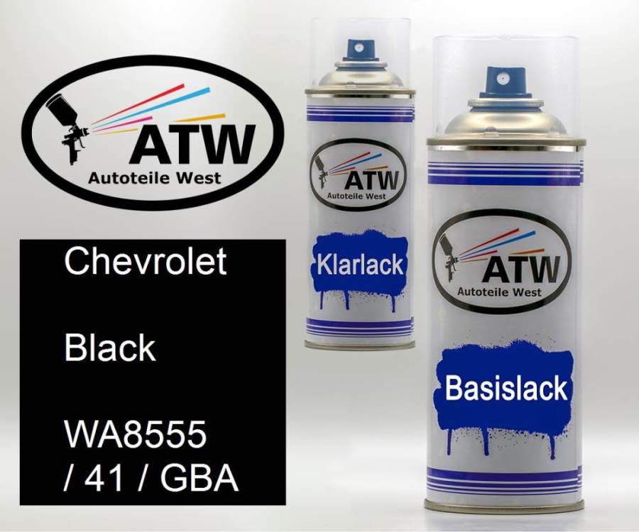Chevrolet, Black, WA8555 / 41 / GBA: 400ml Sprühdose + 400ml Klarlack - Set, von ATW Autoteile West.